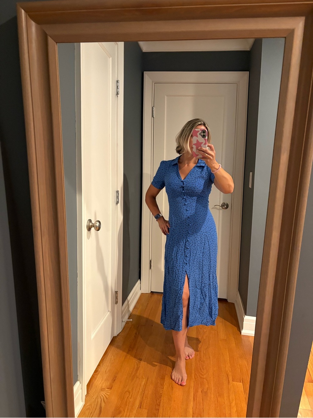 Whistles Blue Button-Front Polka Midi Dress with Front Slit